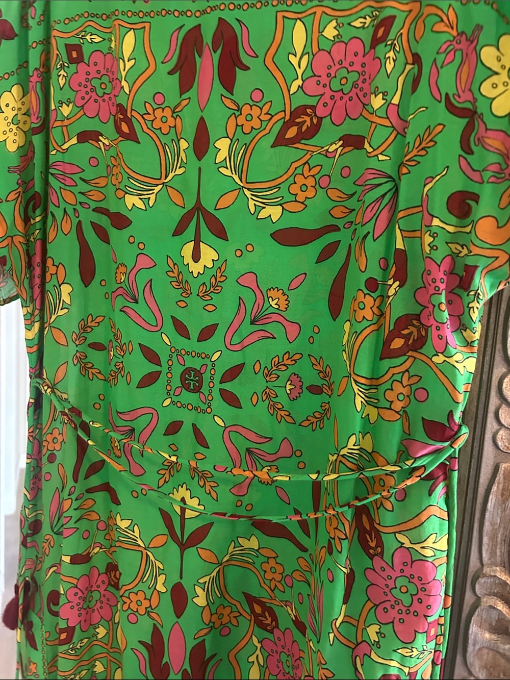 Tory Burch Green Floral-Paisley dress with Pink and Yellow Accents